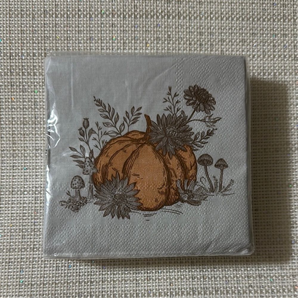 Punch Studio 40 Fall Harvest Pumpkin Square 3-ply Beige Brown Beverage Napkins